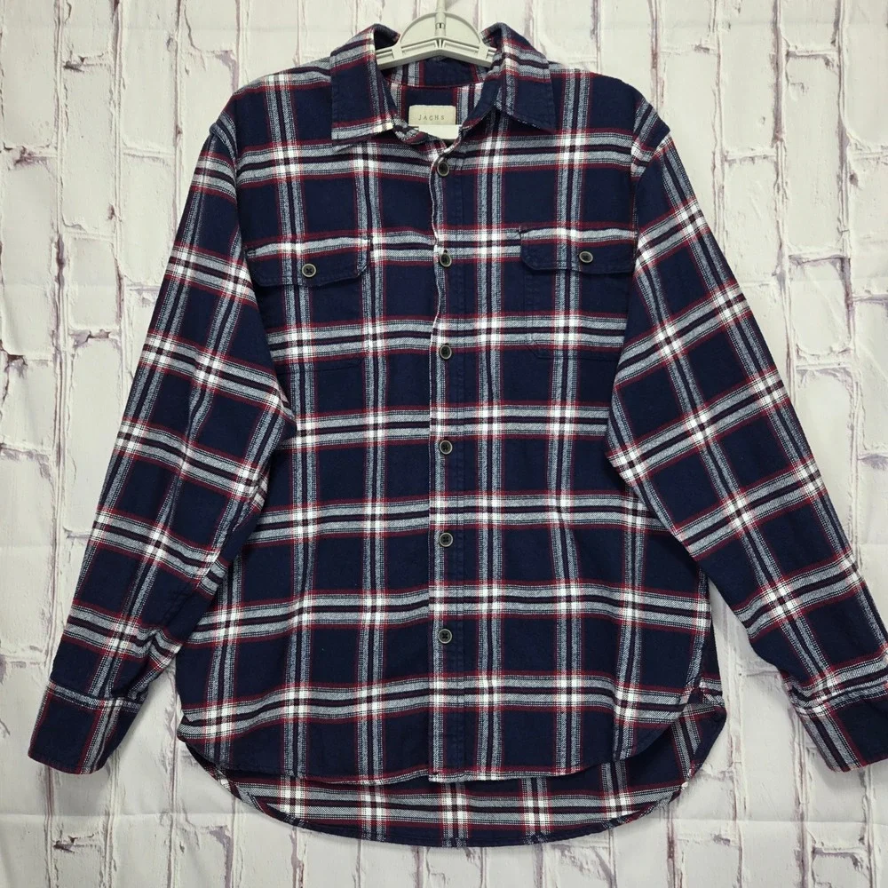 Jachs‎ NY Mens Flannel Shirt Large Navy Blue Red White Plaid Button Down Cotton